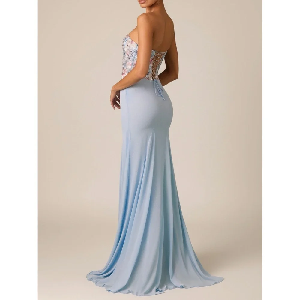 Oh Polly Blue Floral Embroidered Corset Maxi Dress Lace Up Back US 4 New - Picture 4 of 10